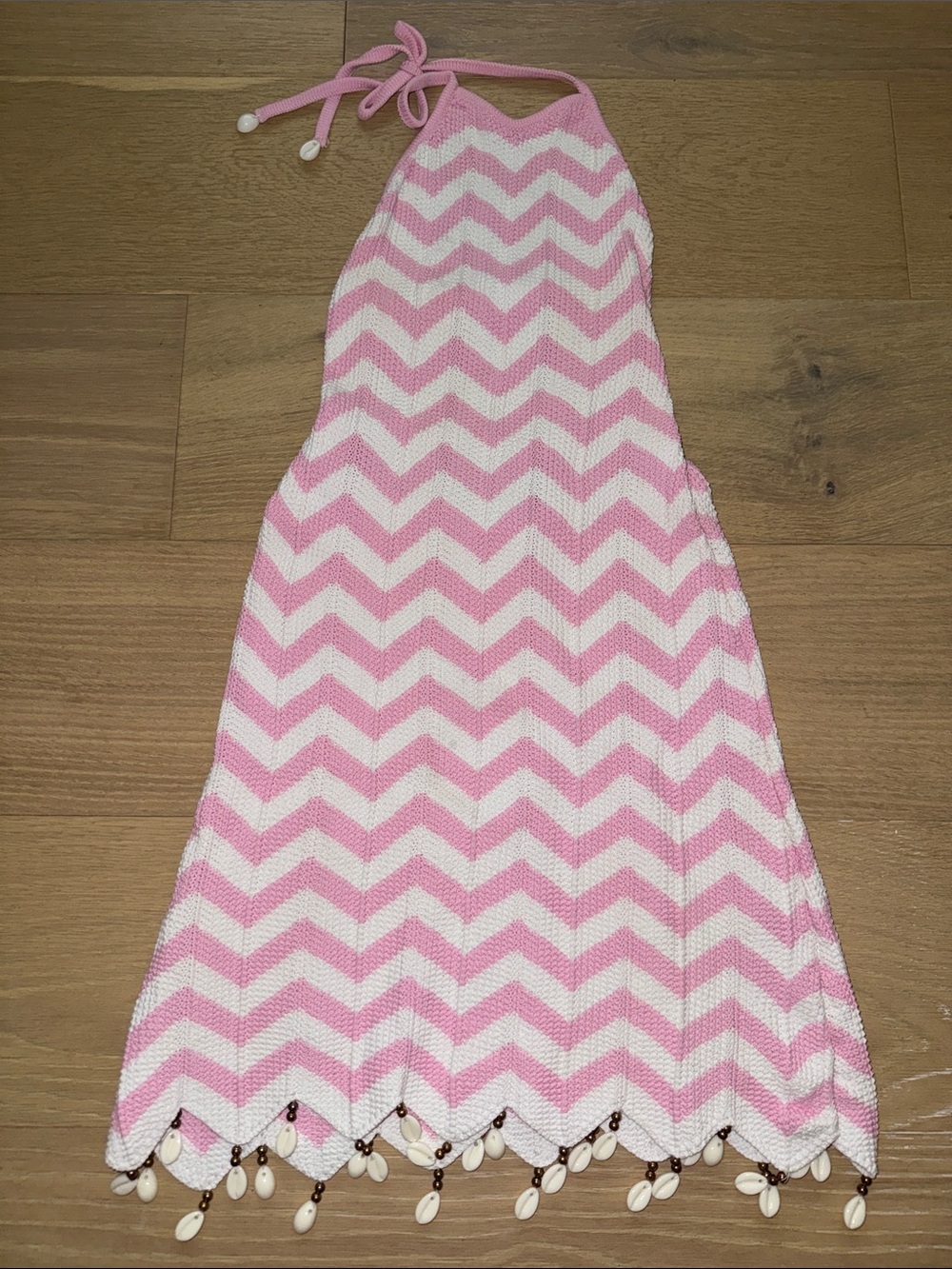 Kulani Kinis Pink and White Chevron Halter Nightgown with Shell Trim